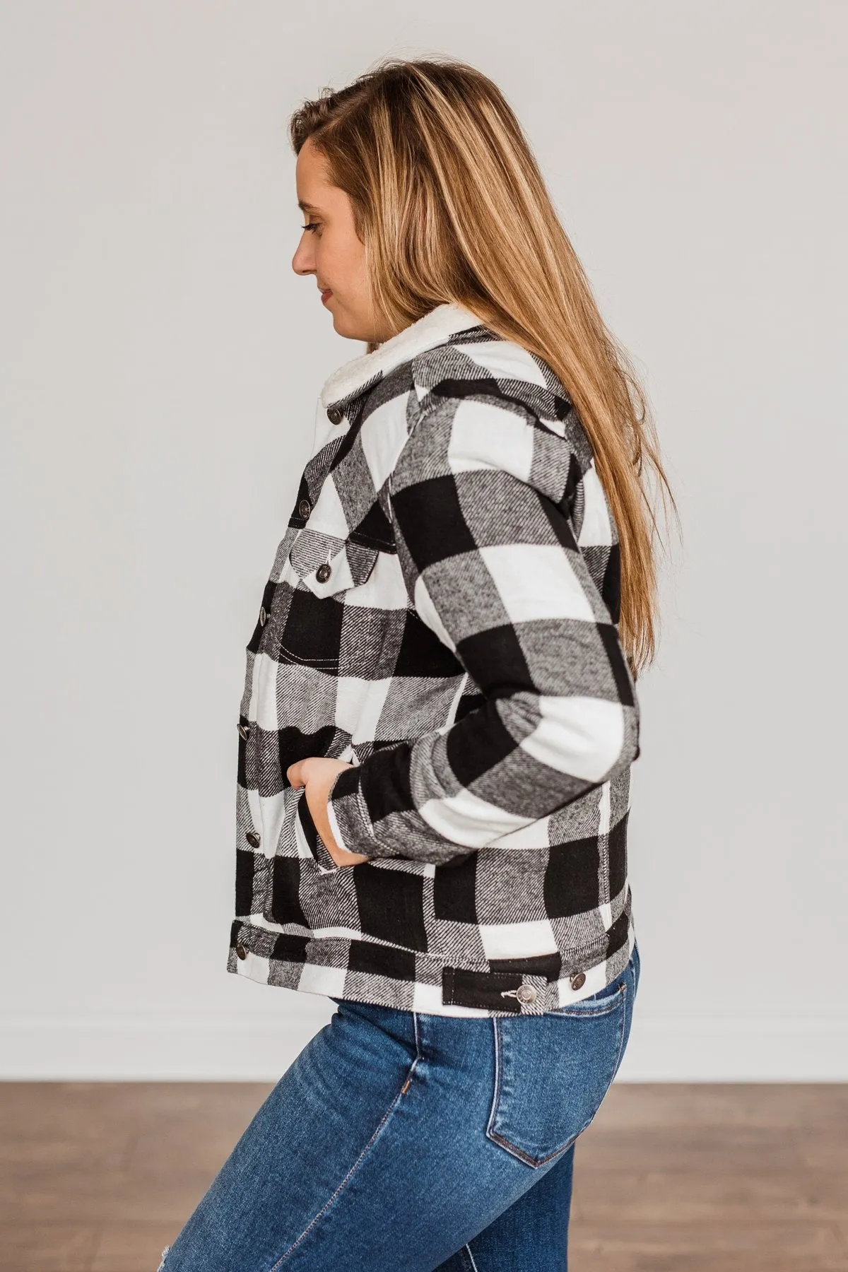 Cute & Cuddly Plaid Button Jacket- Black & White