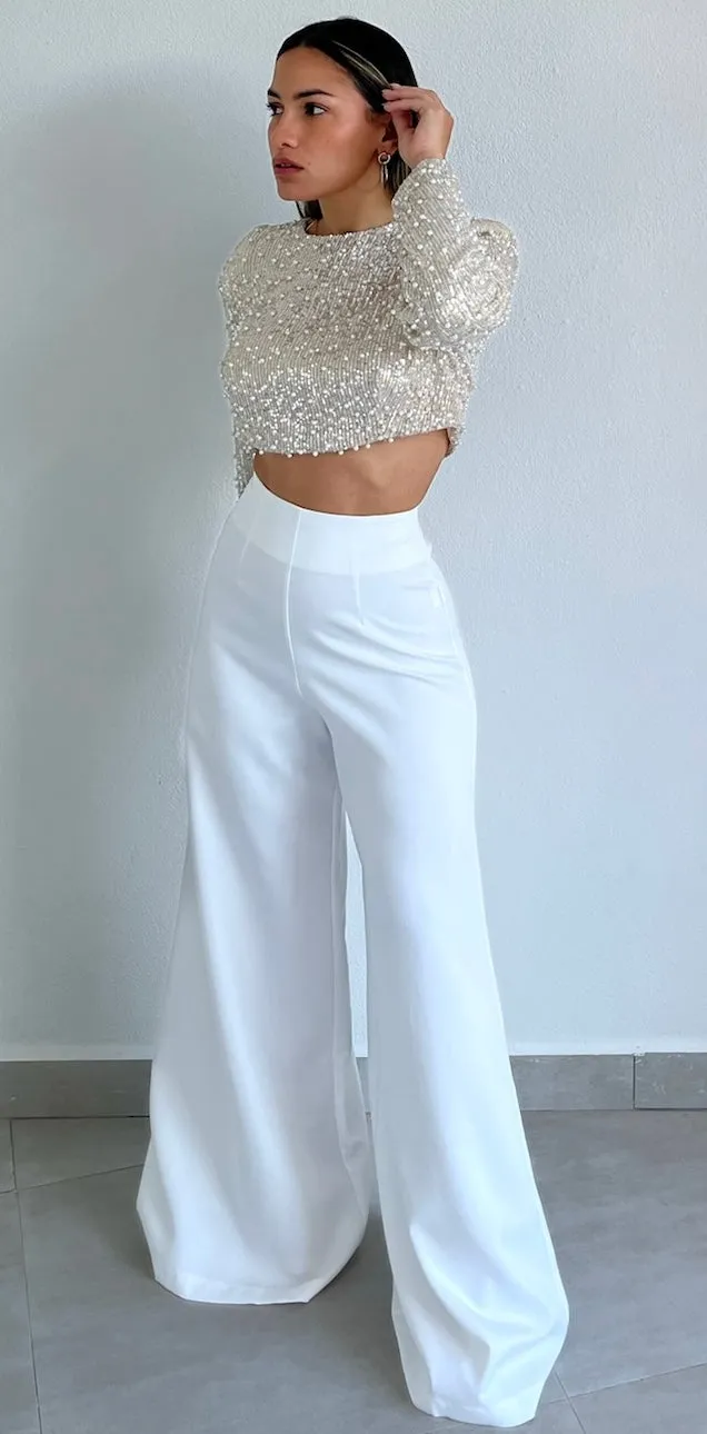 Dazzling Beauty Sequins & Pearls Long Sleeve Crop Top