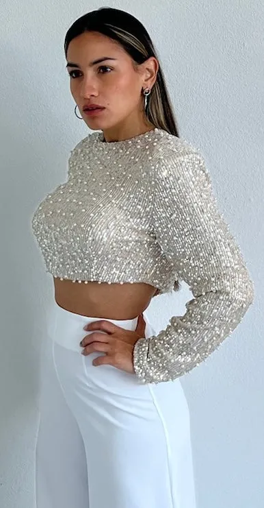 Dazzling Beauty Sequins & Pearls Long Sleeve Crop Top