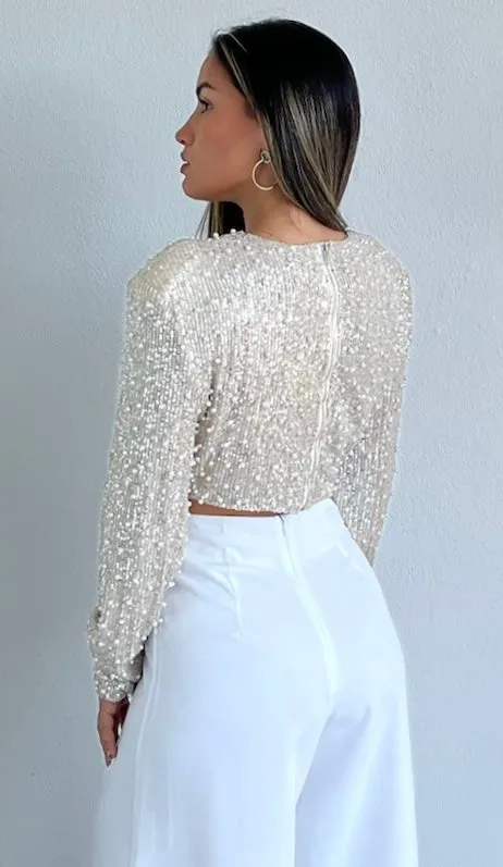 Dazzling Beauty Sequins & Pearls Long Sleeve Crop Top