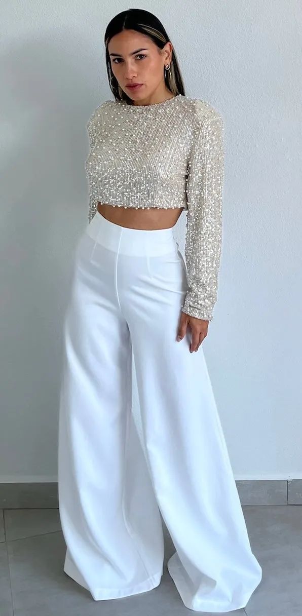 Dazzling Beauty Sequins & Pearls Long Sleeve Crop Top