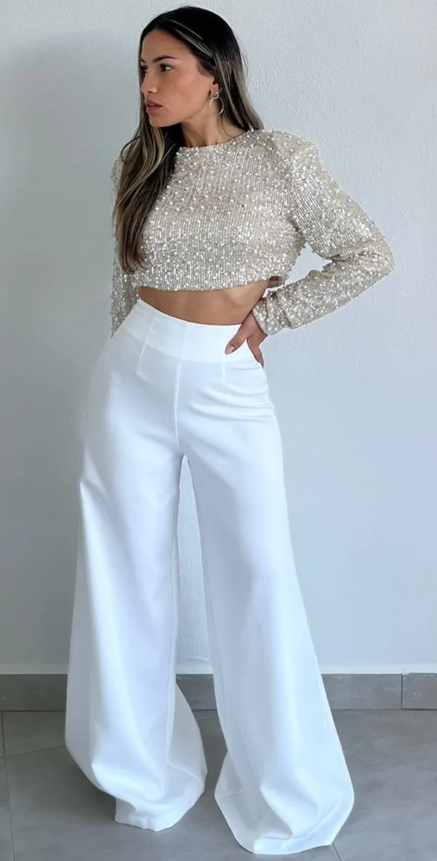 Dazzling Beauty Sequins & Pearls Long Sleeve Crop Top