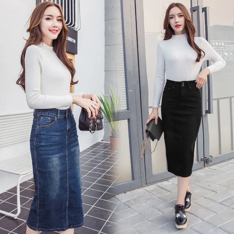 Denim Skirt Women High Waist Jean Skirts Midi Pencil Skirt Female