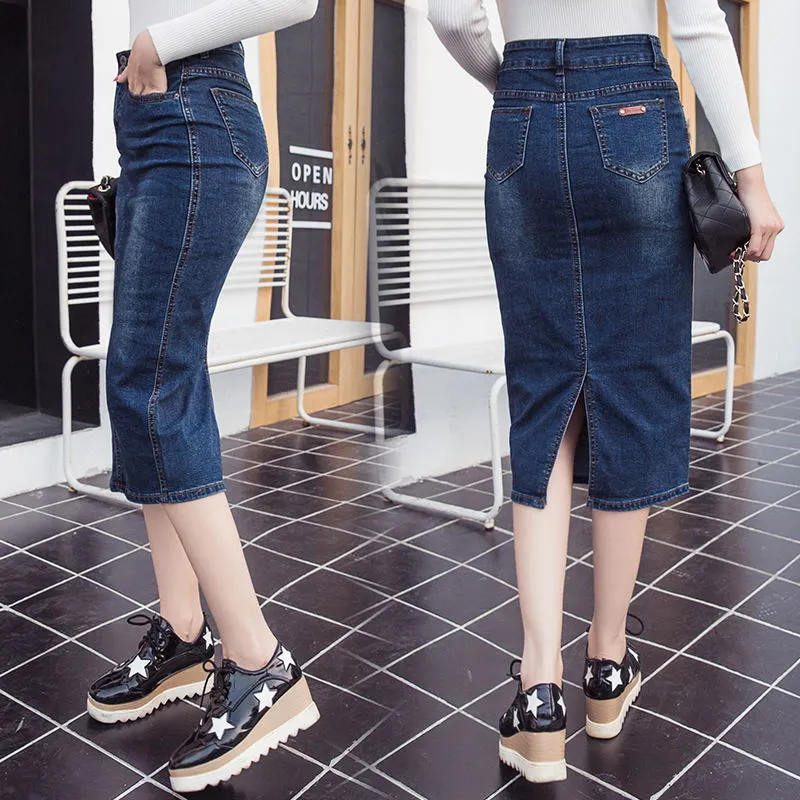 Denim Skirt Women High Waist Jean Skirts Midi Pencil Skirt Female