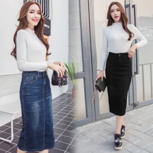 Denim Skirt Women High Waist Jean Skirts Midi Pencil Skirt Female
