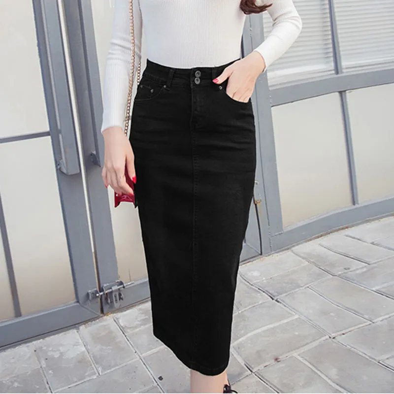 Denim Skirt Women High Waist Jean Skirts Midi Pencil Skirt Female