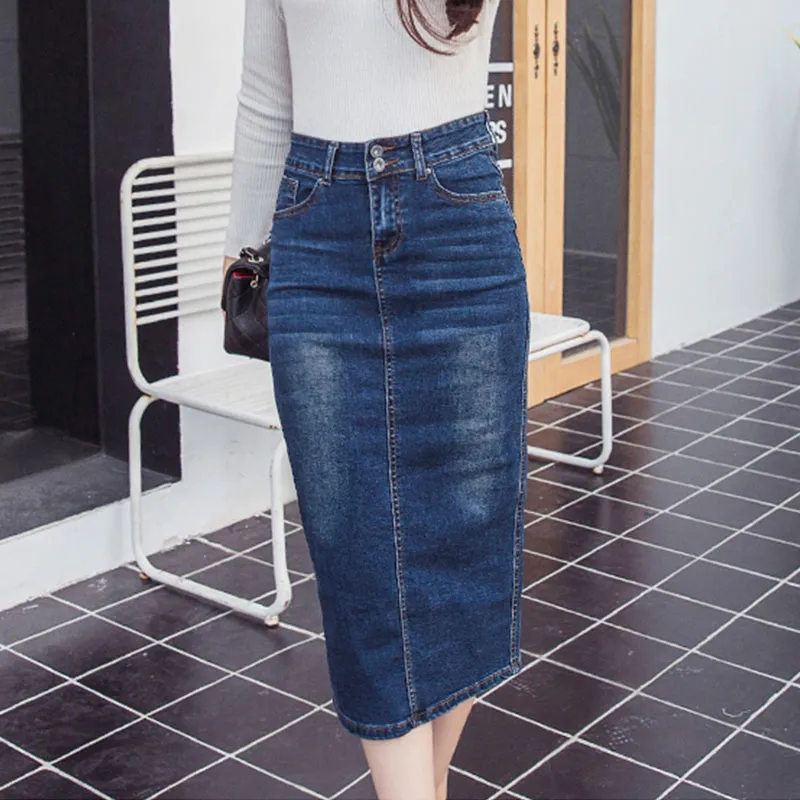 Denim Skirt Women High Waist Jean Skirts Midi Pencil Skirt Female