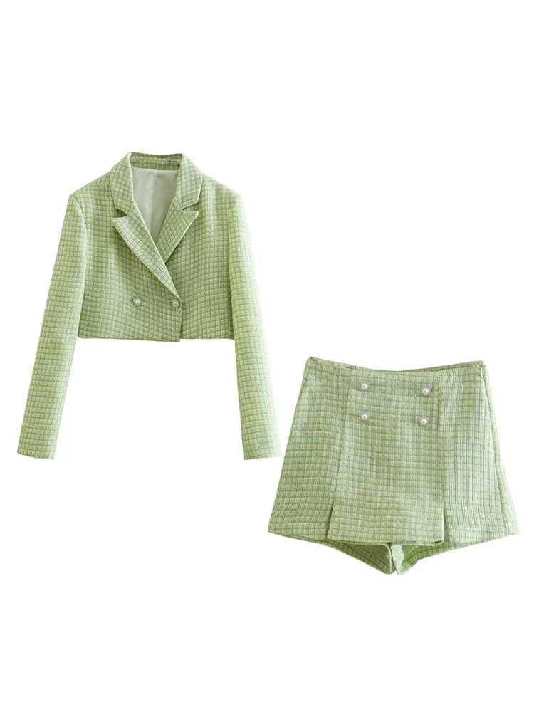 Dreamofthe90s Houndstooth Cropped Blazer And Skort Suit Set