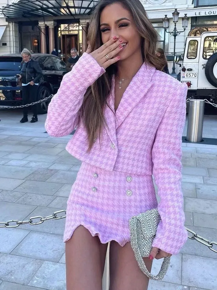 Dreamofthe90s Houndstooth Cropped Blazer And Skort Suit Set
