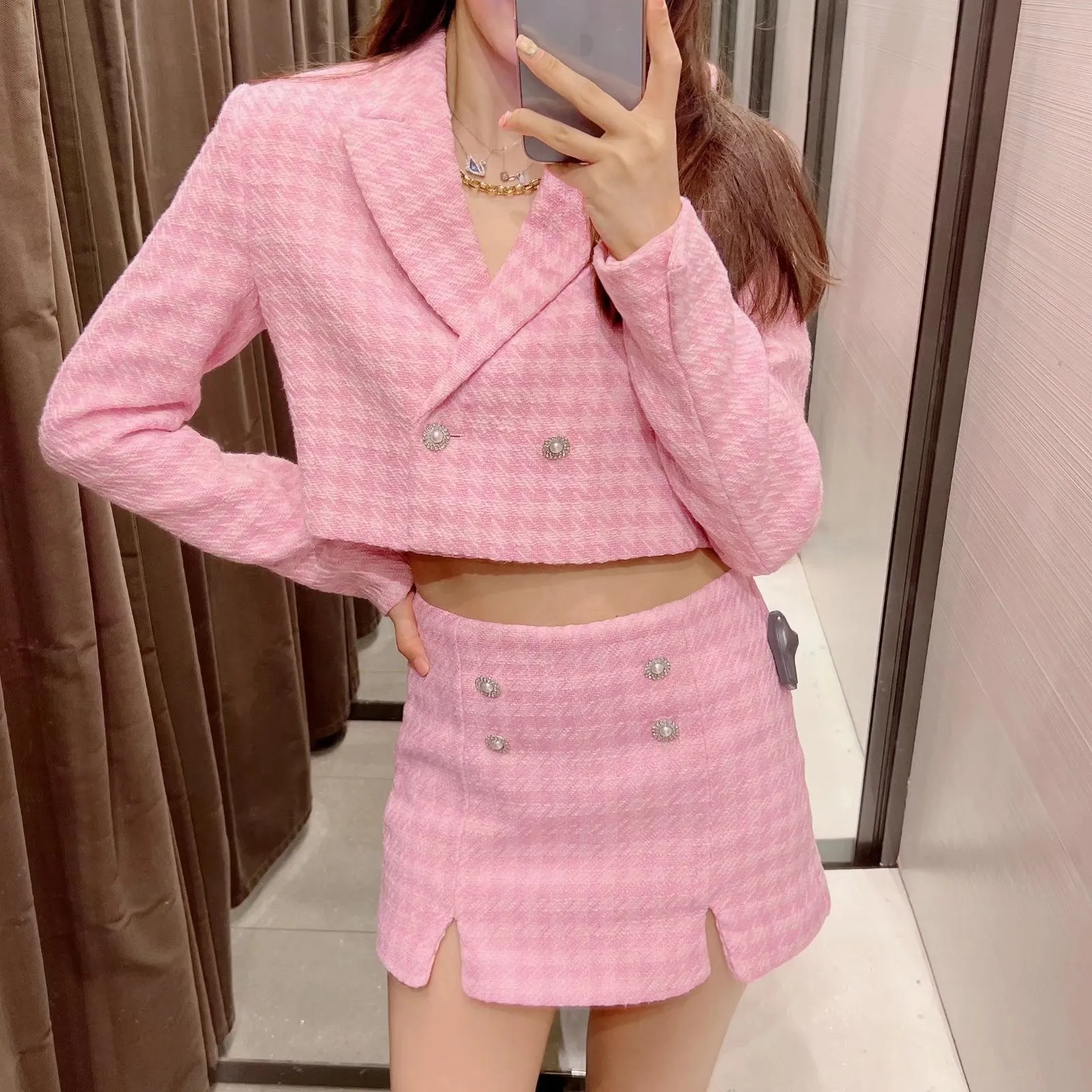 Dreamofthe90s Houndstooth Cropped Blazer And Skort Suit Set