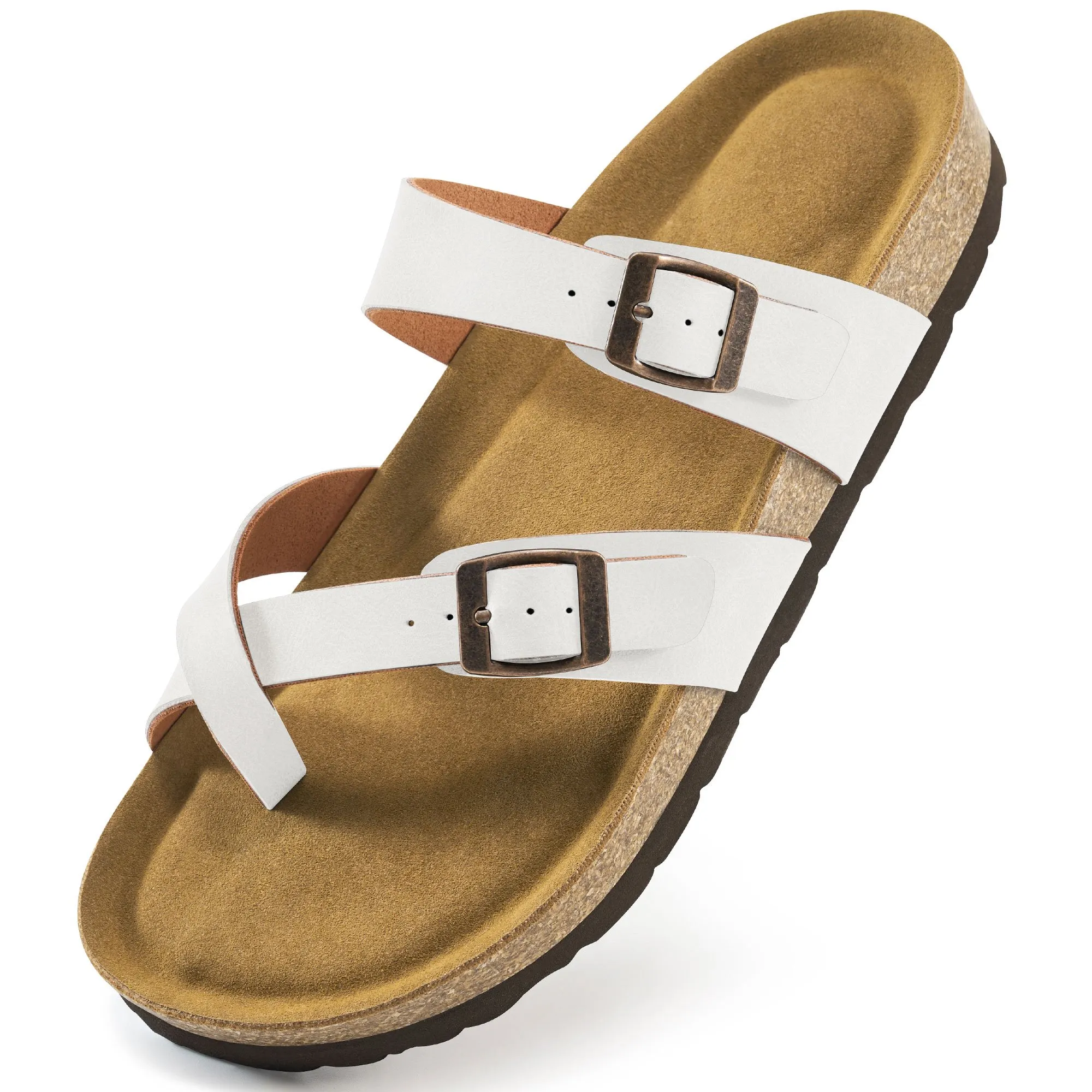Ecetana Women's Cork Footbed Slide Sandals Clip Toe Leather Flat Sandals for Women with Arch Support