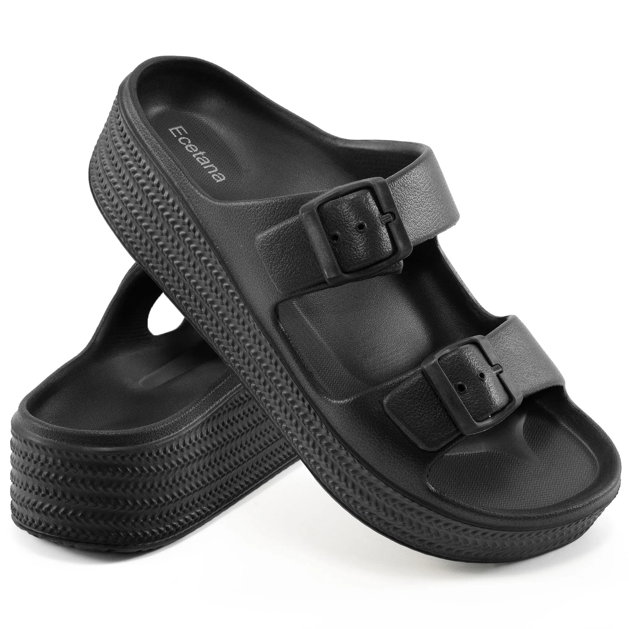 Ecetana Womens Slides Sandals Adjustable Double Buckle House Slides EVA Non-Slip Sandals