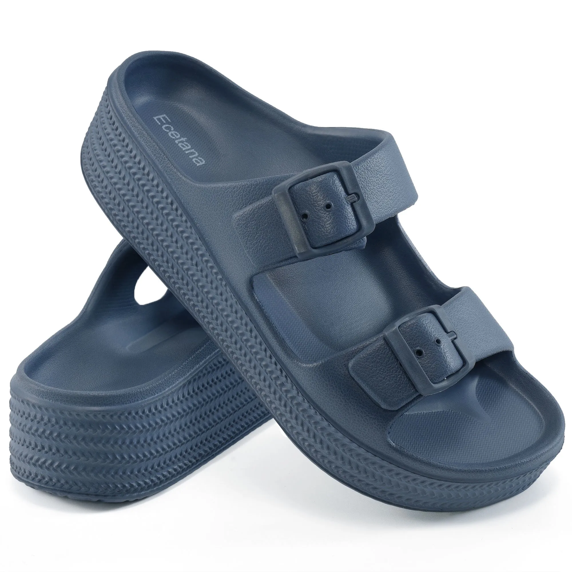 Ecetana Womens Slides Sandals Adjustable Double Buckle House Slides EVA Non-Slip Sandals