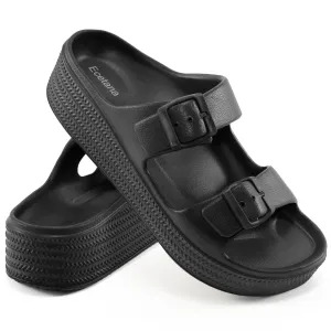 Ecetana Womens Slides Sandals Adjustable Double Buckle House Slides EVA Non-Slip Sandals