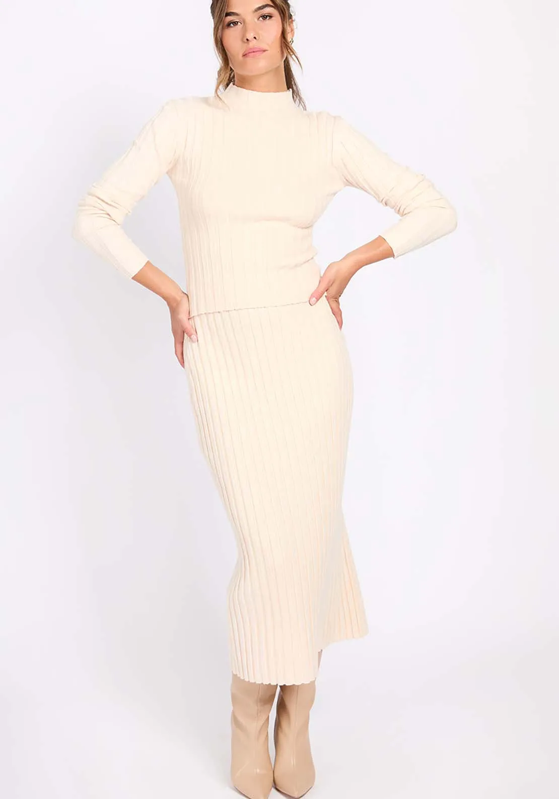 Ecru Ribbed Midaxi Skirt - Ecru