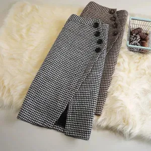 Elegant Women's  professional formal business office work Slit Houndstooth pencil Midi Skirt