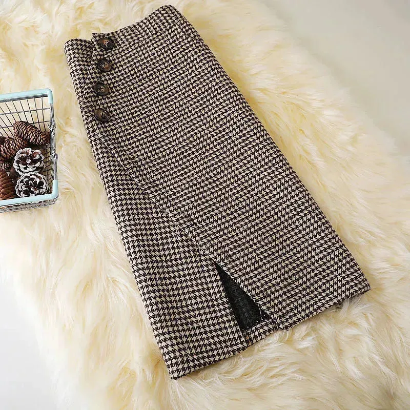 Elegant Women's  professional formal business office work Slit Houndstooth pencil Midi Skirt
