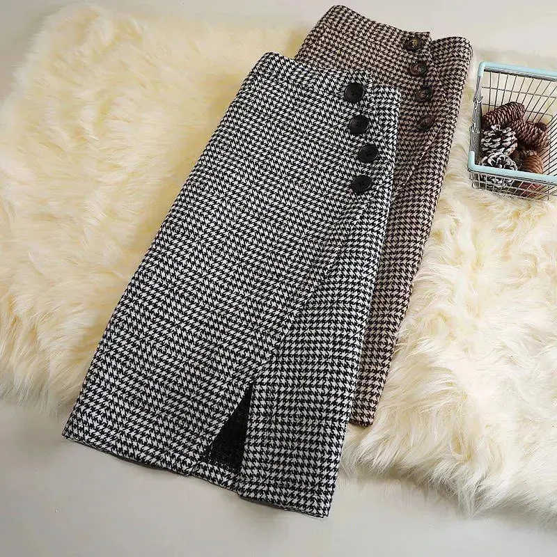 Elegant Women's  professional formal business office work Slit Houndstooth pencil Midi Skirt