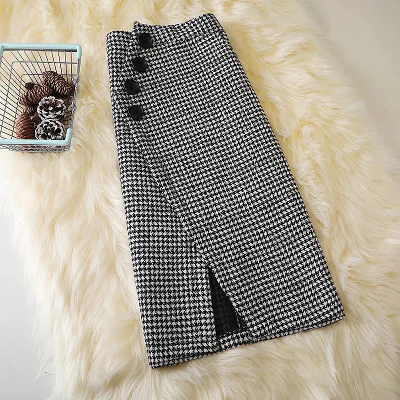 Elegant Women's  professional formal business office work Slit Houndstooth pencil Midi Skirt