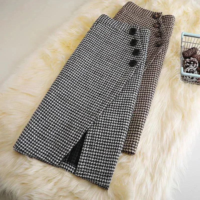 Elegant Women's  professional formal business office work Slit Houndstooth pencil Midi Skirt