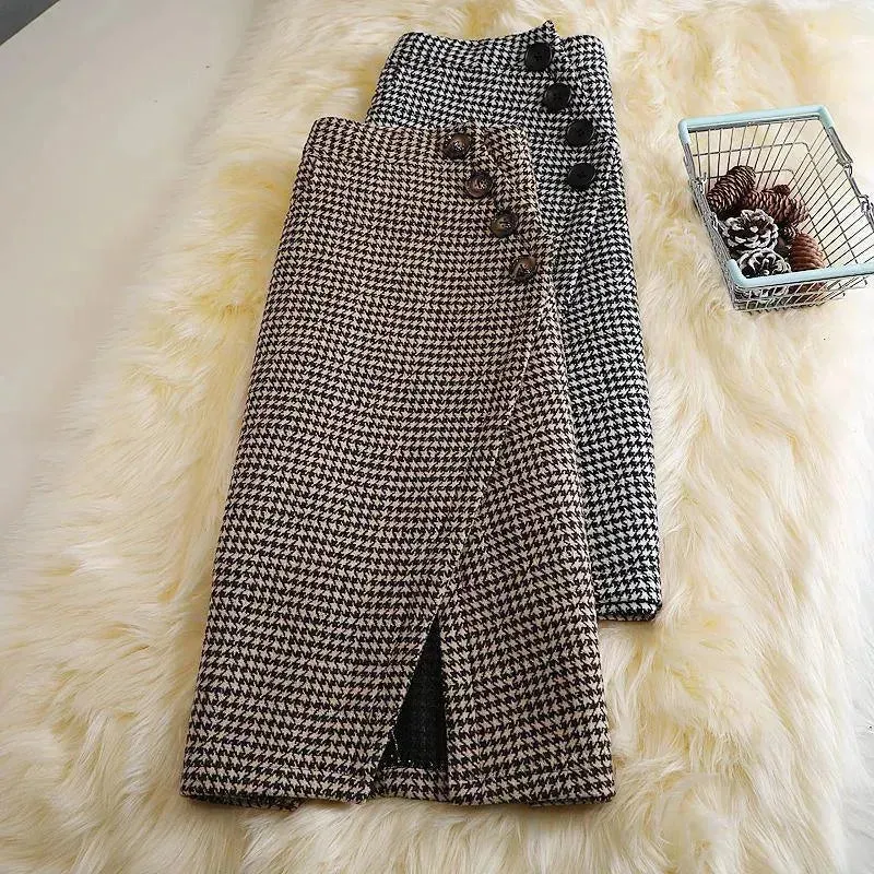 Elegant Women's  professional formal business office work Slit Houndstooth pencil Midi Skirt