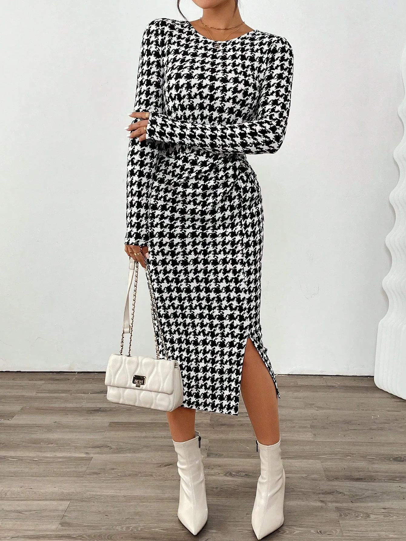 EMERY ROSE Women's Casual Christmas/Valentine's Day Red Heart Pattern Split Twist Long Sleeve Bodycon Midi Dress Plaid Women Skirts
