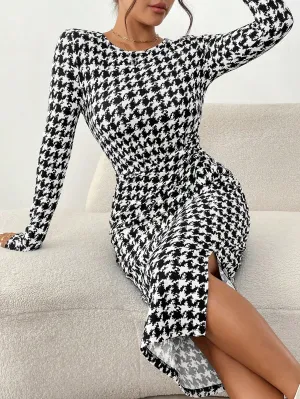 EMERY ROSE Women's Casual Christmas/Valentine's Day Red Heart Pattern Split Twist Long Sleeve Bodycon Midi Dress Plaid Women Skirts