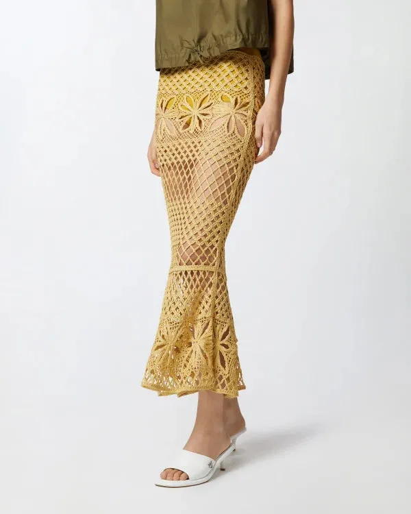 Fancy Crochet Effect Long Skirt - Mustard