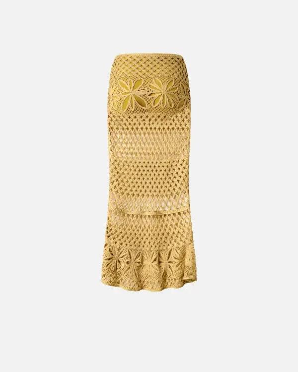 Fancy Crochet Effect Long Skirt - Mustard