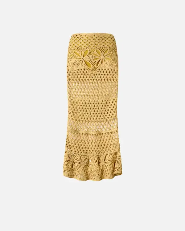 Fancy Crochet Effect Long Skirt - Mustard