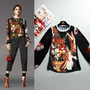 Fashion Blouse Jacket Long Sleeved Silk Printing Painting Coat Plus Size Women And The Runway
