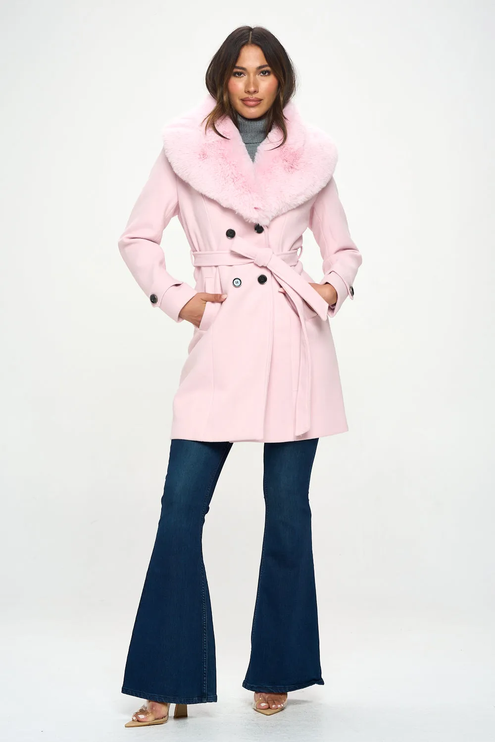 Faux Fur Collar Trench Coat