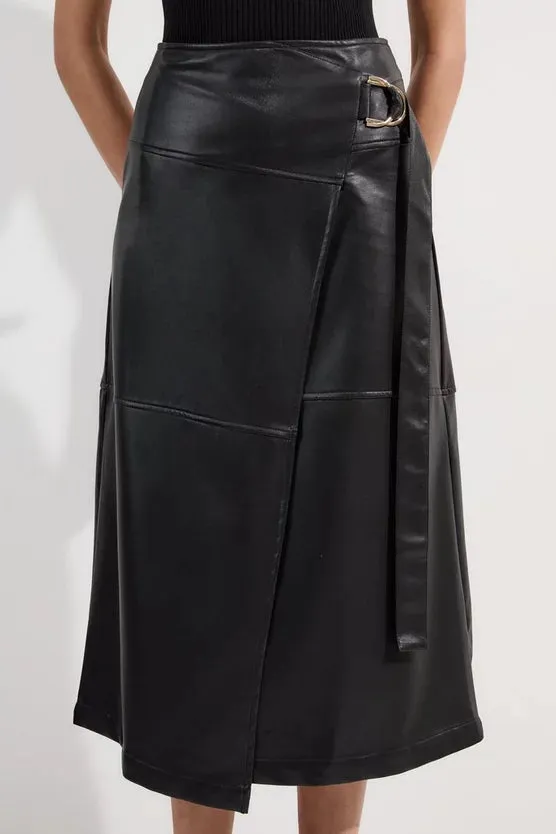Faux Leather Tie Detail Wrap Midi Skirt