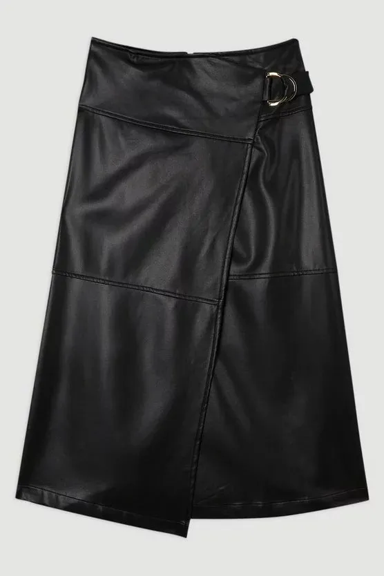 Faux Leather Tie Detail Wrap Midi Skirt