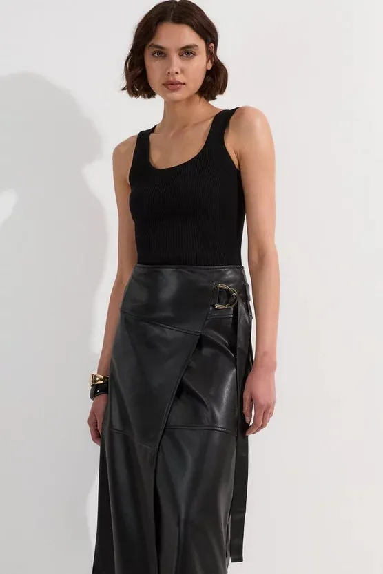 Faux Leather Tie Detail Wrap Midi Skirt