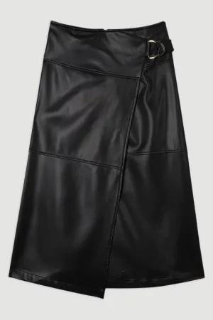 Faux Leather Tie Detail Wrap Midi Skirt
