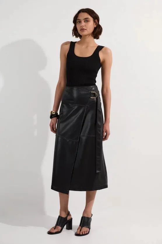 Faux Leather Tie Detail Wrap Midi Skirt