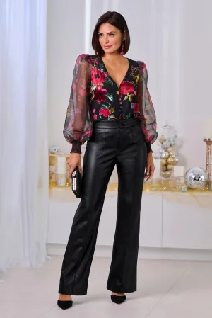Faux Leather Wide Leg Trouser Black