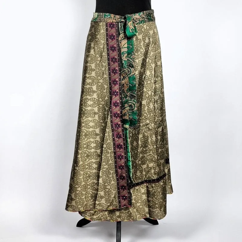 Flattering Indian gypsy wrap skirt, made from vintage silk-mix saree fabrics with Oriental & floral print #45