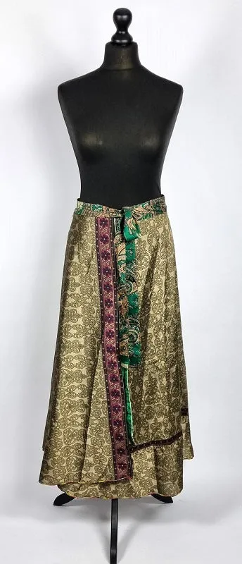 Flattering Indian gypsy wrap skirt, made from vintage silk-mix saree fabrics with Oriental & floral print #45