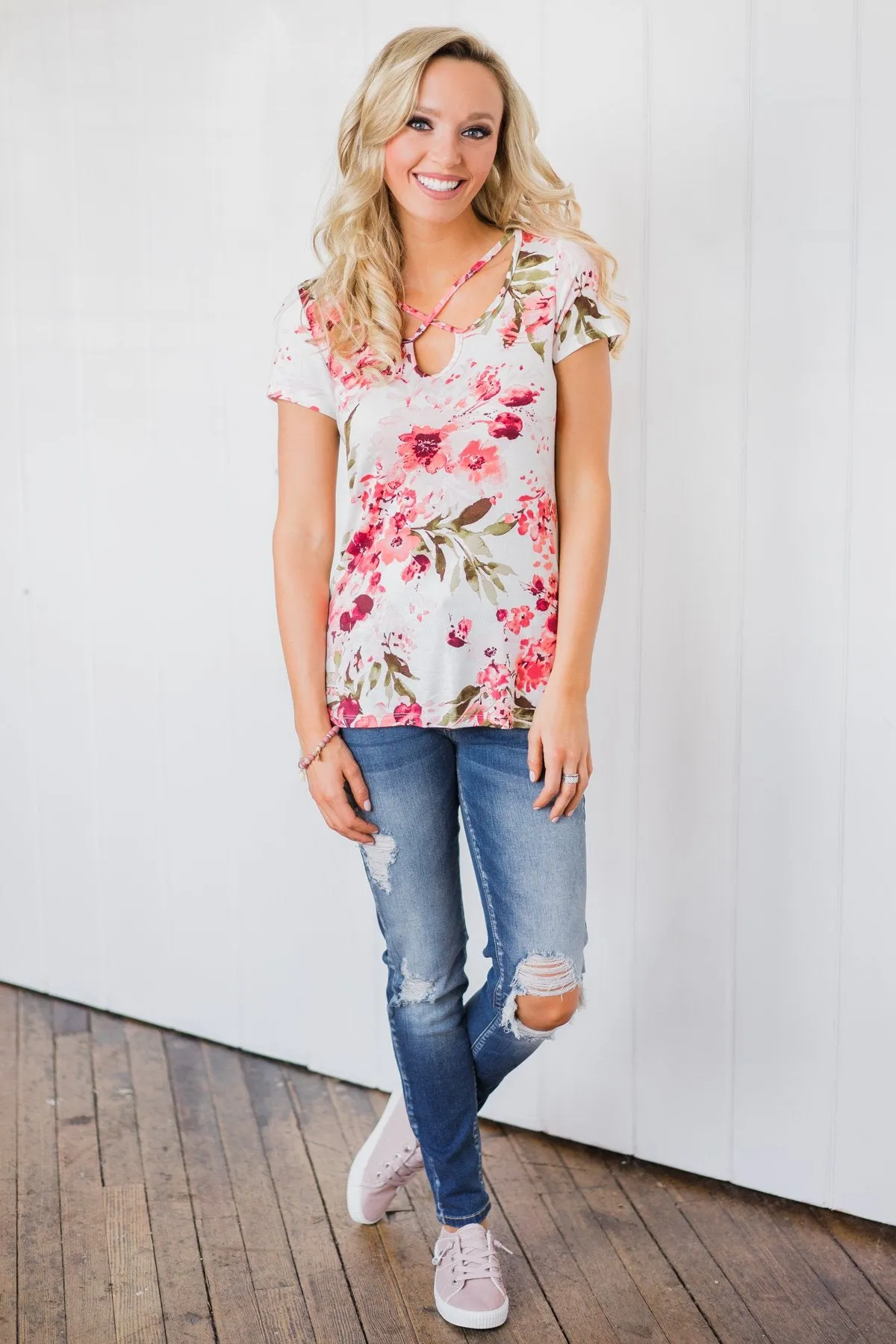 Floral All Day Criss-Cross Top- Ivory