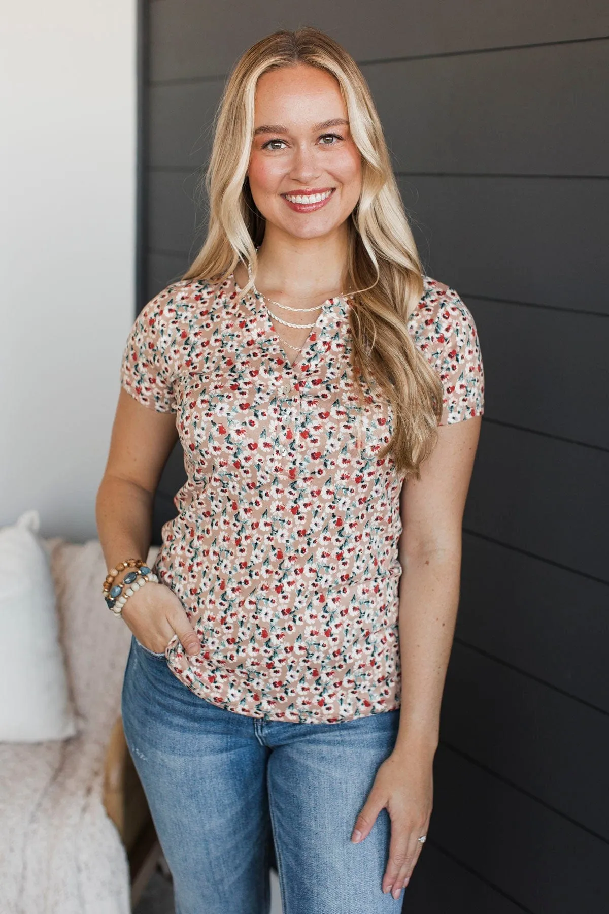 Fulfilling Dreams Short Sleeve Floral Top- Taupe