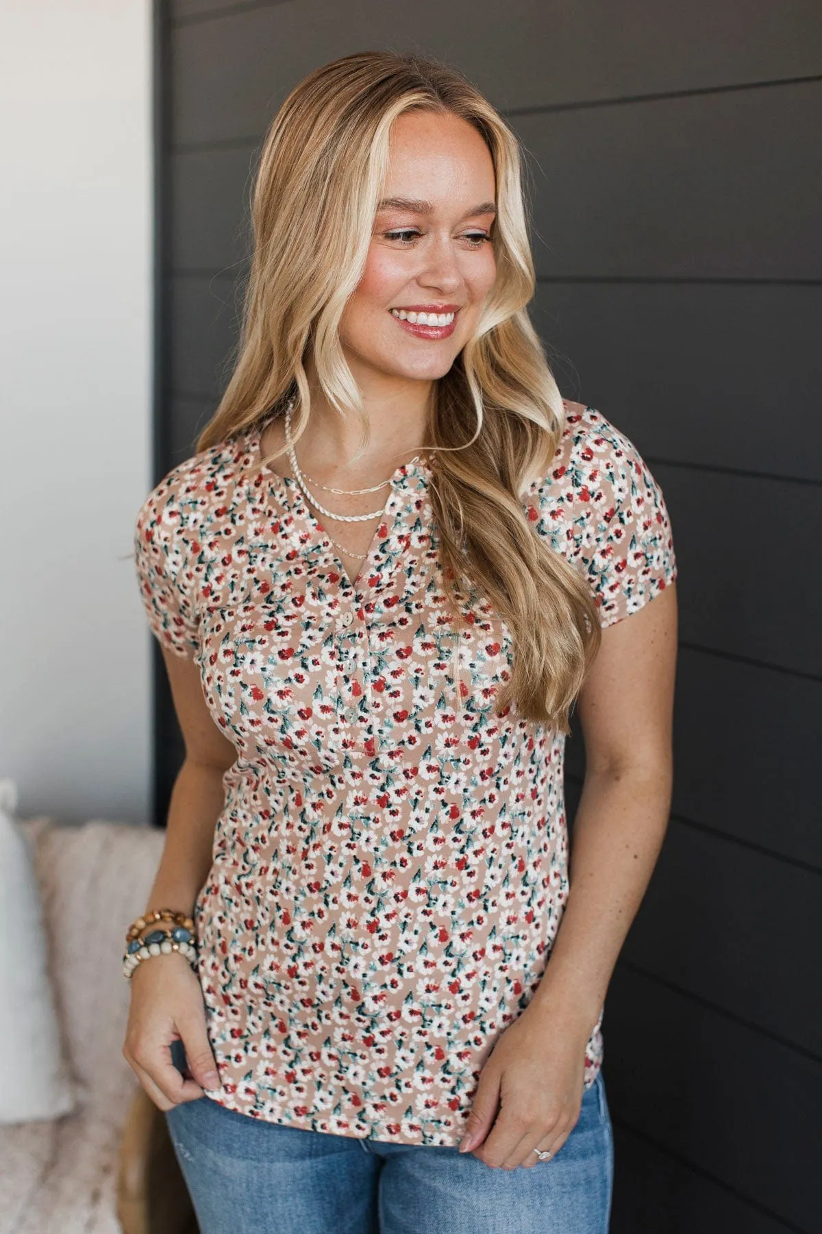 Fulfilling Dreams Short Sleeve Floral Top- Taupe