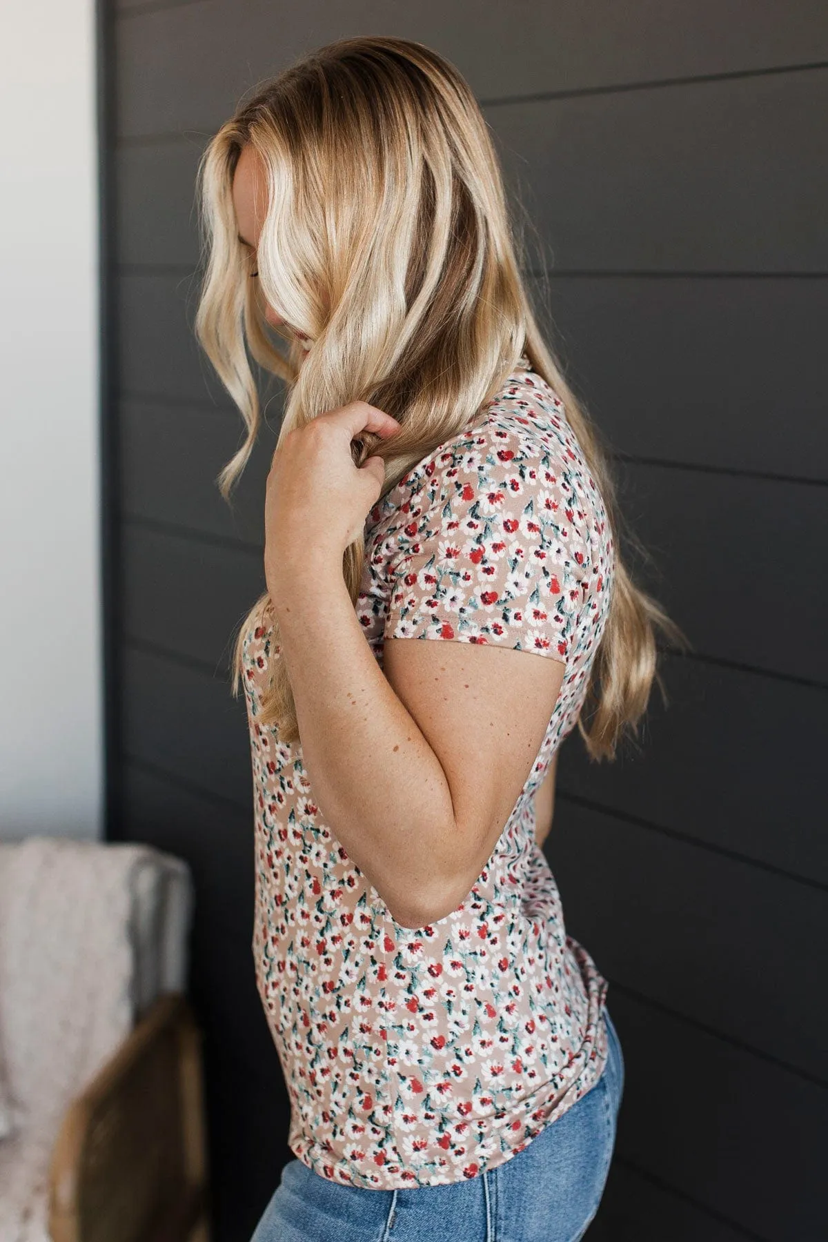Fulfilling Dreams Short Sleeve Floral Top- Taupe