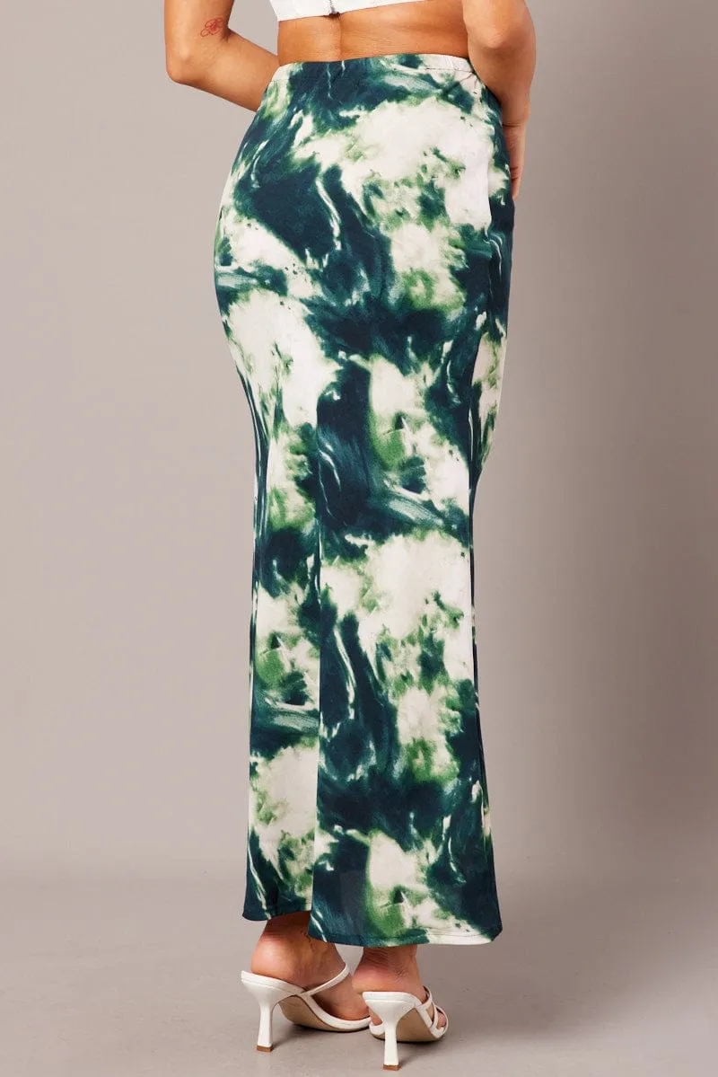 Green Abstract Slip Skirt Maxi Drawstring Waist