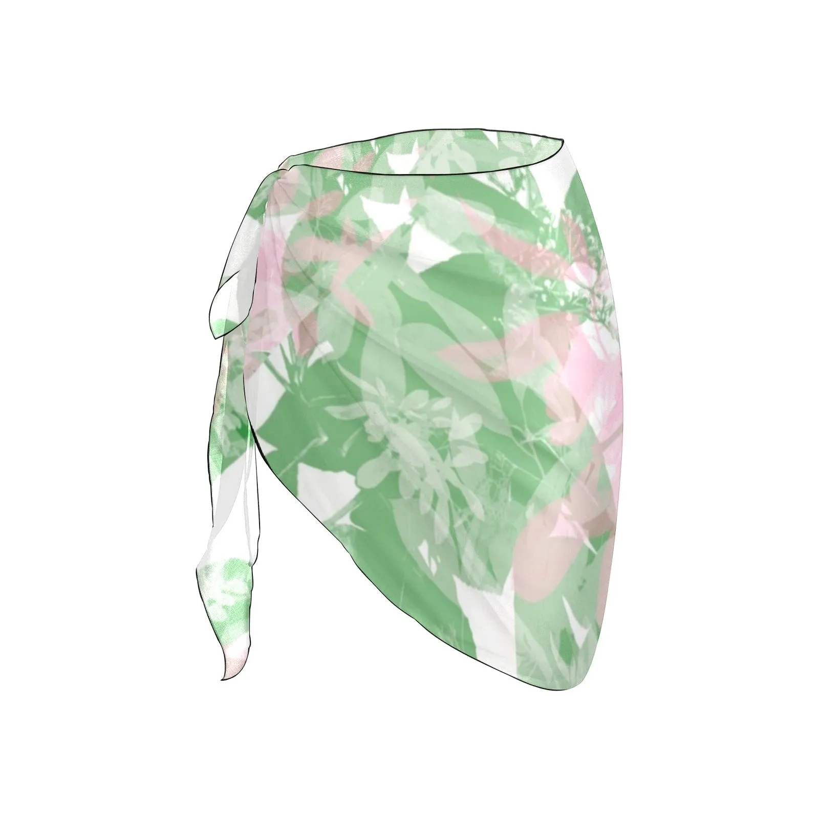 Green & Pink Leaves Short Chiffon Sarong Wrap up to 5 XL (FWS)