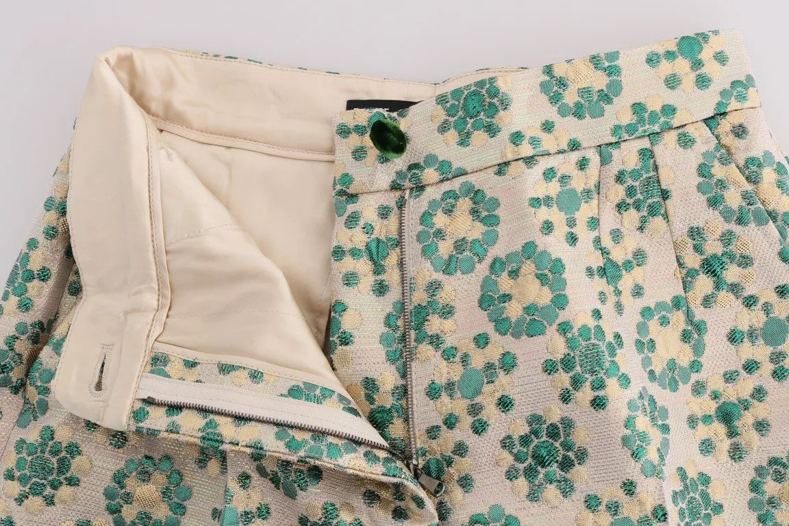 Green Beige Floral Brocade Pants