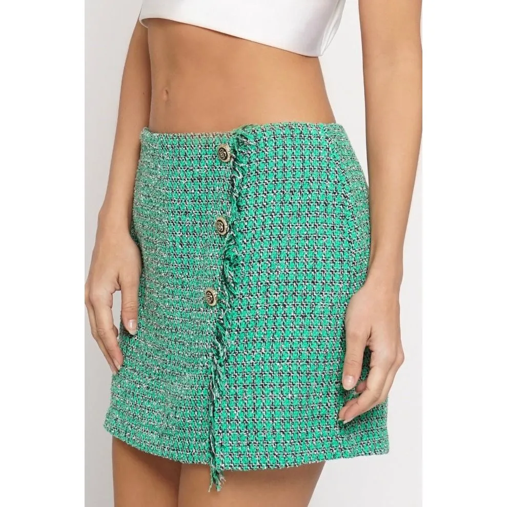 green   black frayed houndstooth skirt