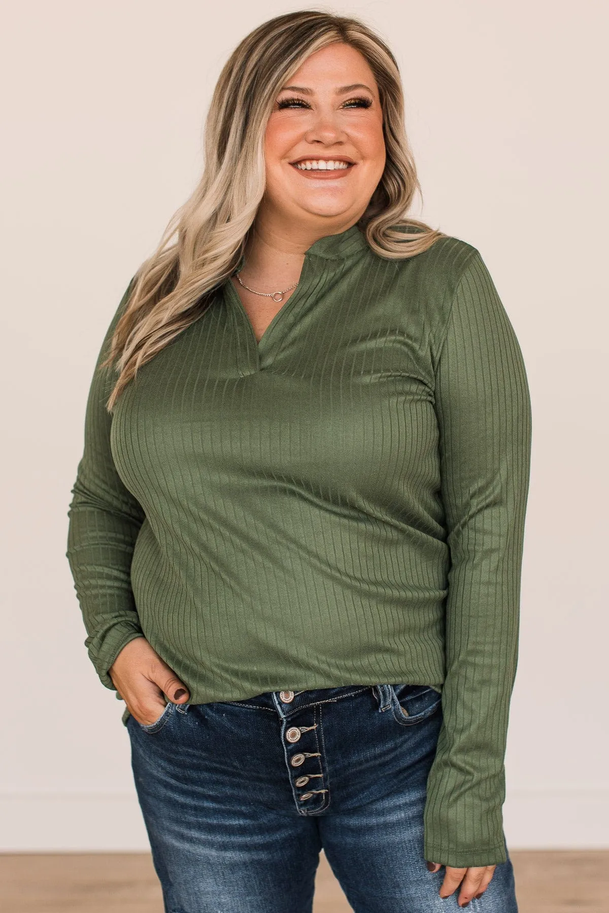 Happy For You Ribbed Knit Top- Olive