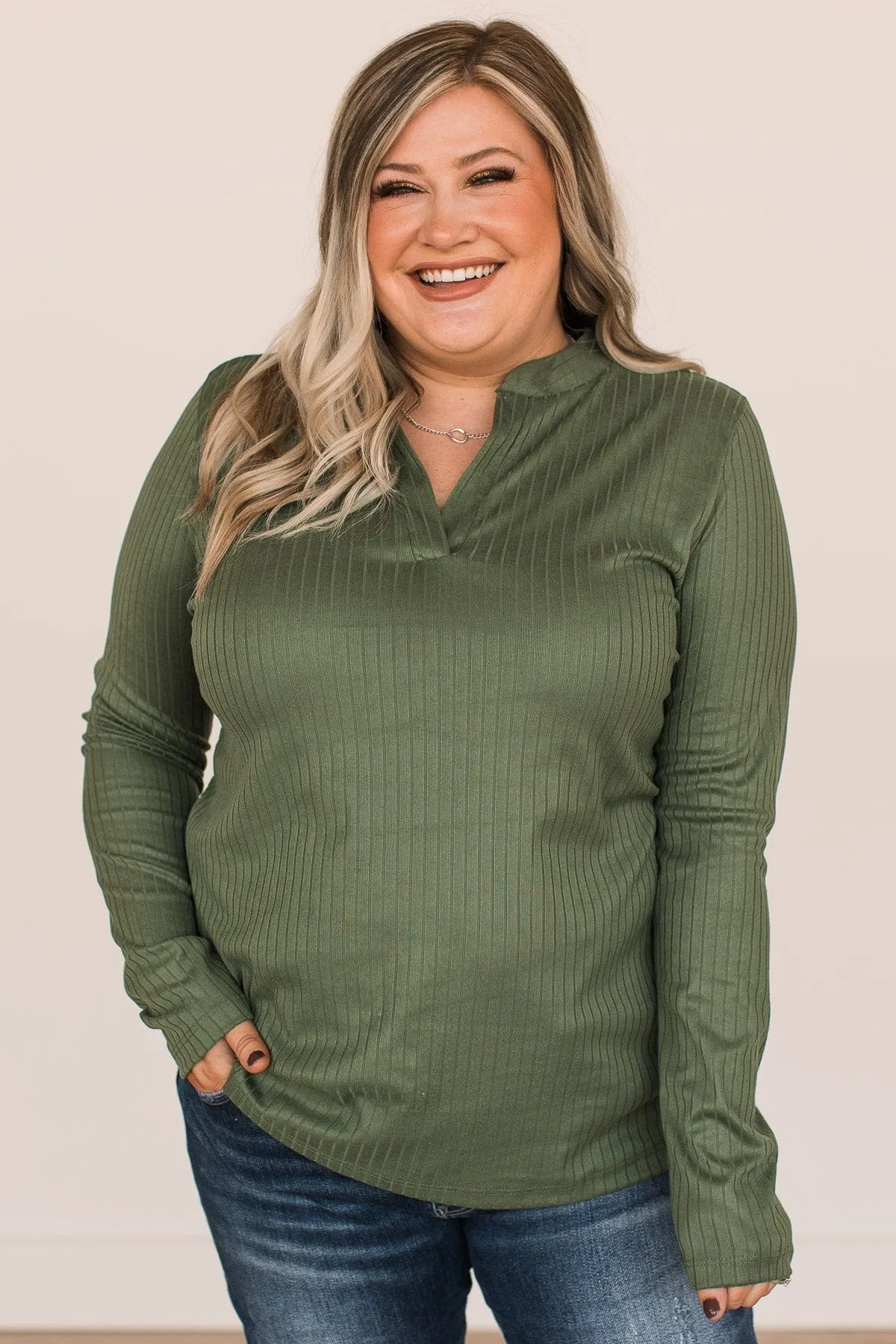 Happy For You Ribbed Knit Top- Olive